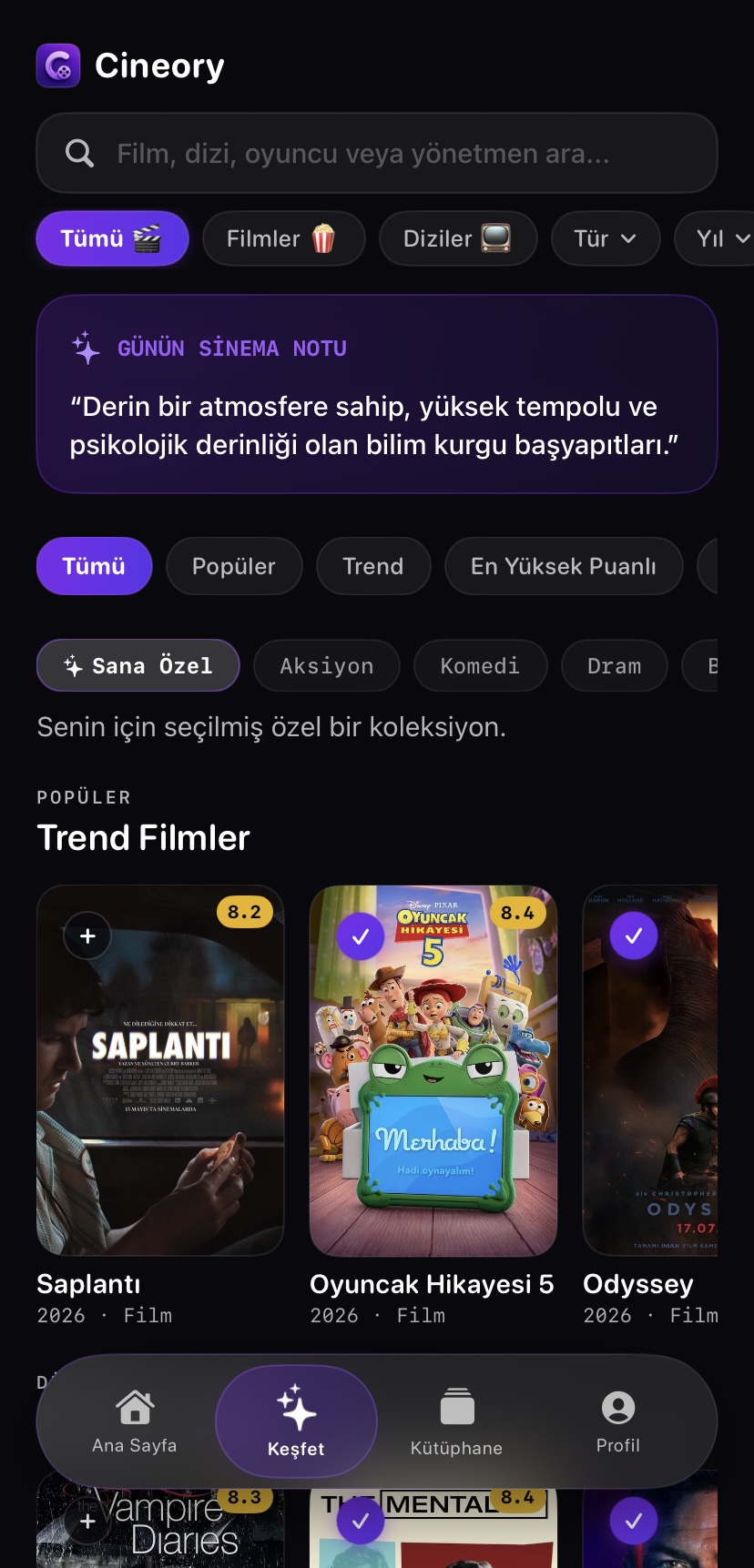 Cineory keşfet ekranı