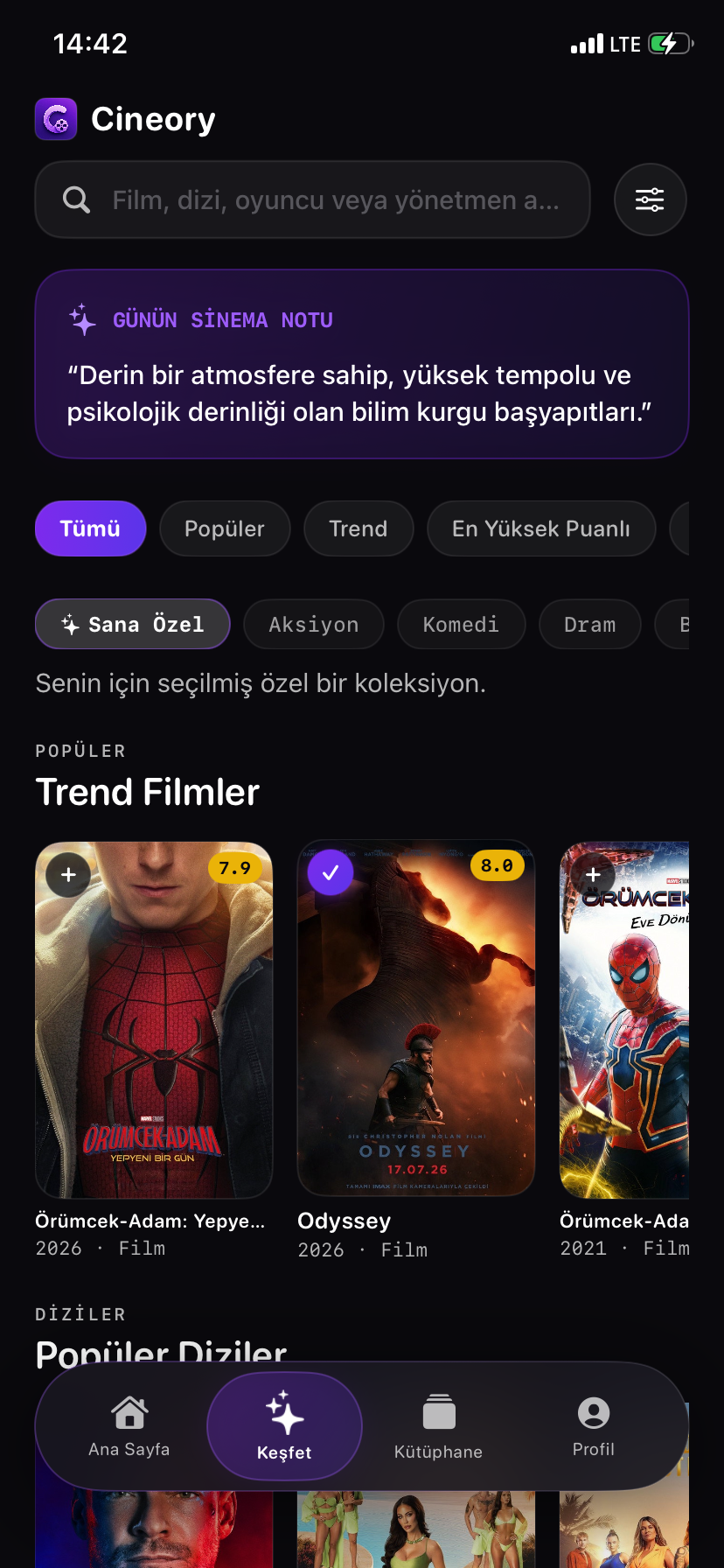 Cineory keşfet ekranı