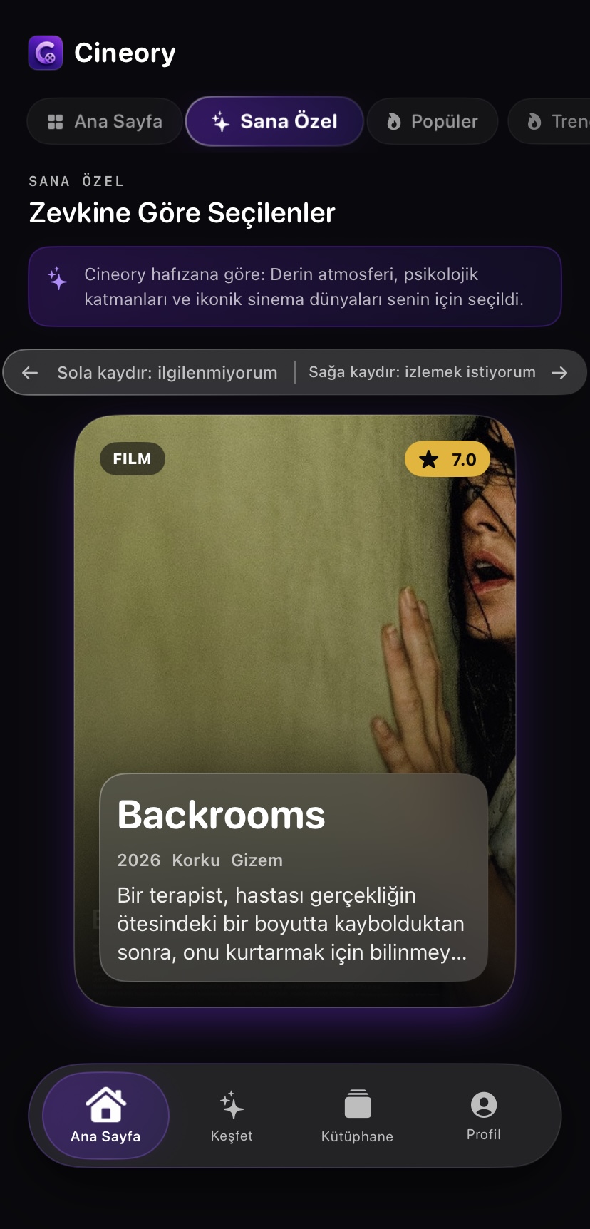 Cineory Sana Özel ekranında Backrooms önerisi