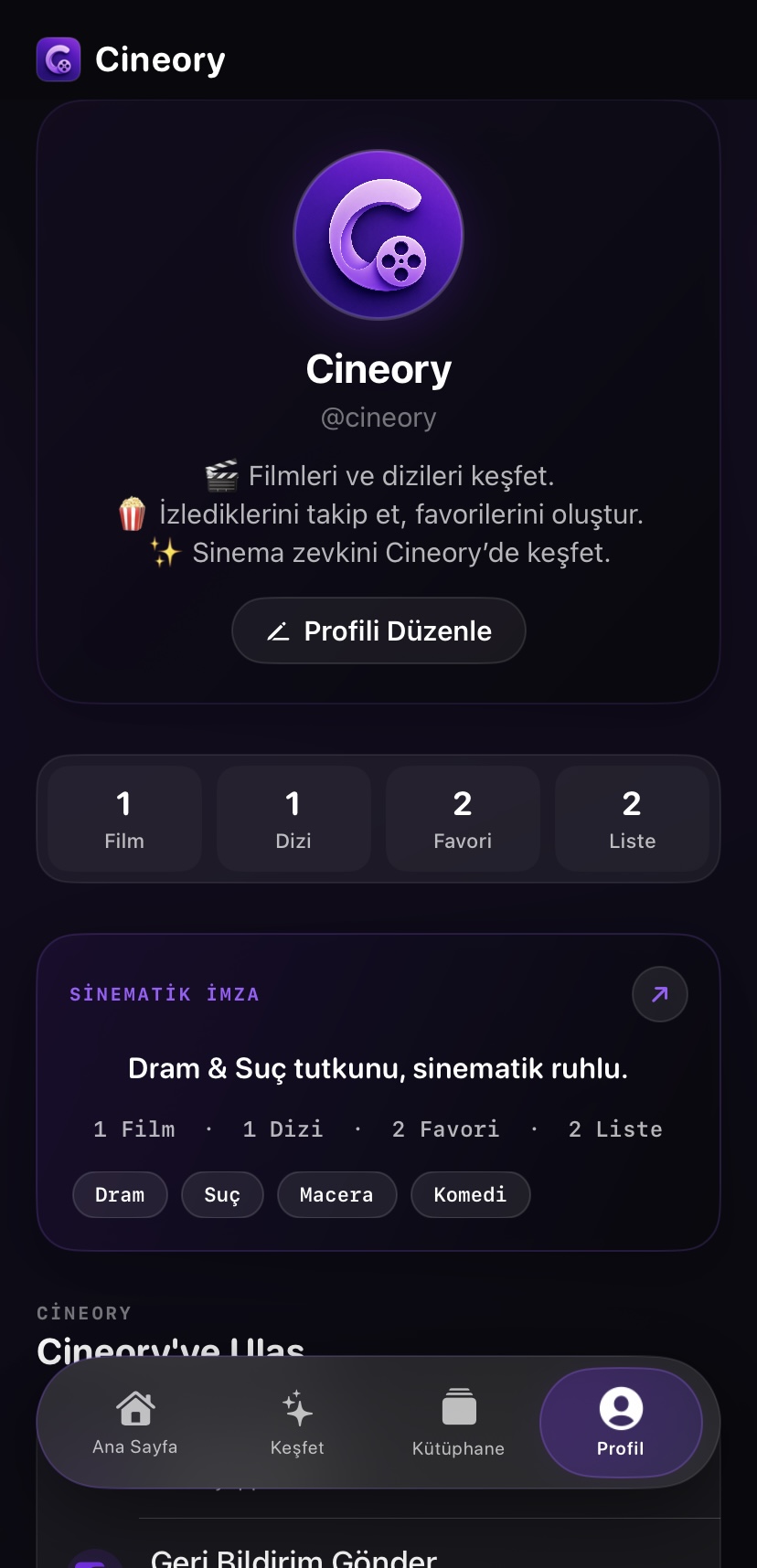 Cineory kullanıcı profili ve Sinematik İmza ekranı